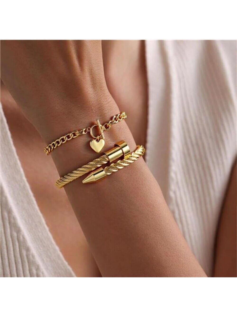 18K Gold Plated Nail Bracelet Set, Adjustable Stackable Bangles for Women